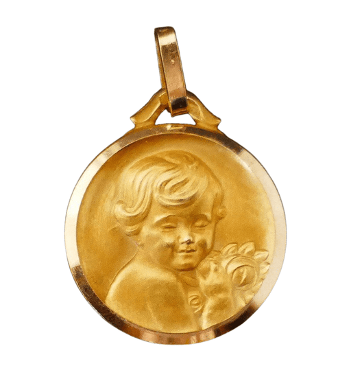 Pendentif Médaille Ange et bouquet de roses Art Déco 58 Facettes