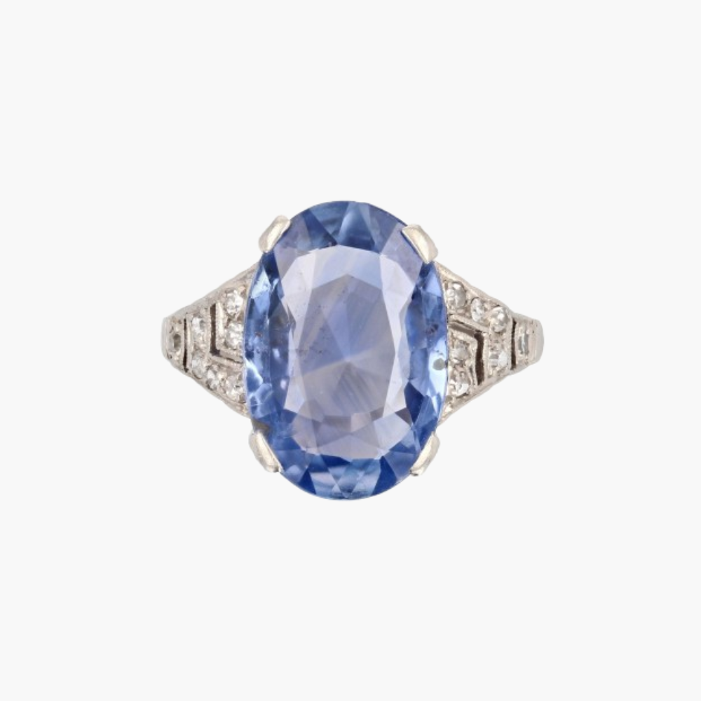 Bague Art Déco Or 18k Saphir Bleu Synthétique - Taille 48, Monture Géométrique, Vintage Circa 1950