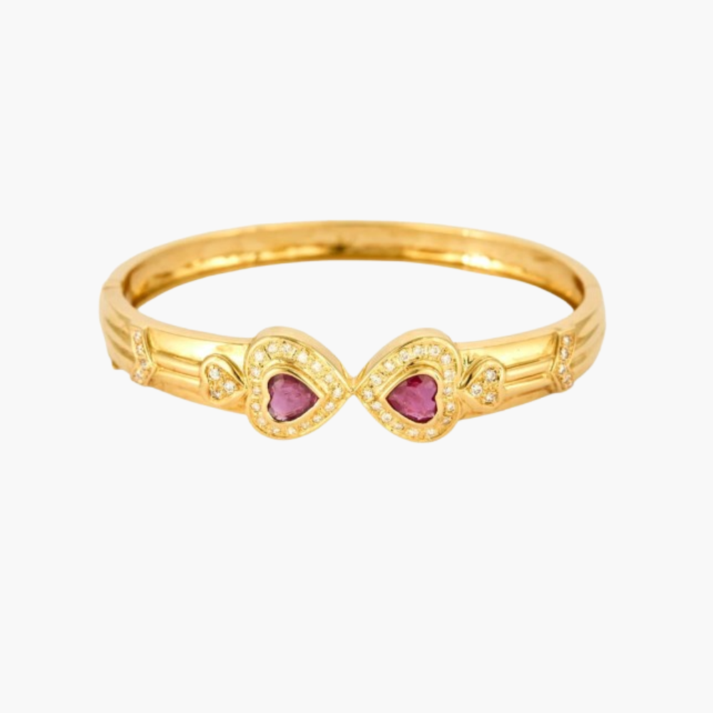 Bracelet Vintage En Or Plaqué Avec Cristaux Et Rubis - Bijou Ancien Couleur Or Rigide