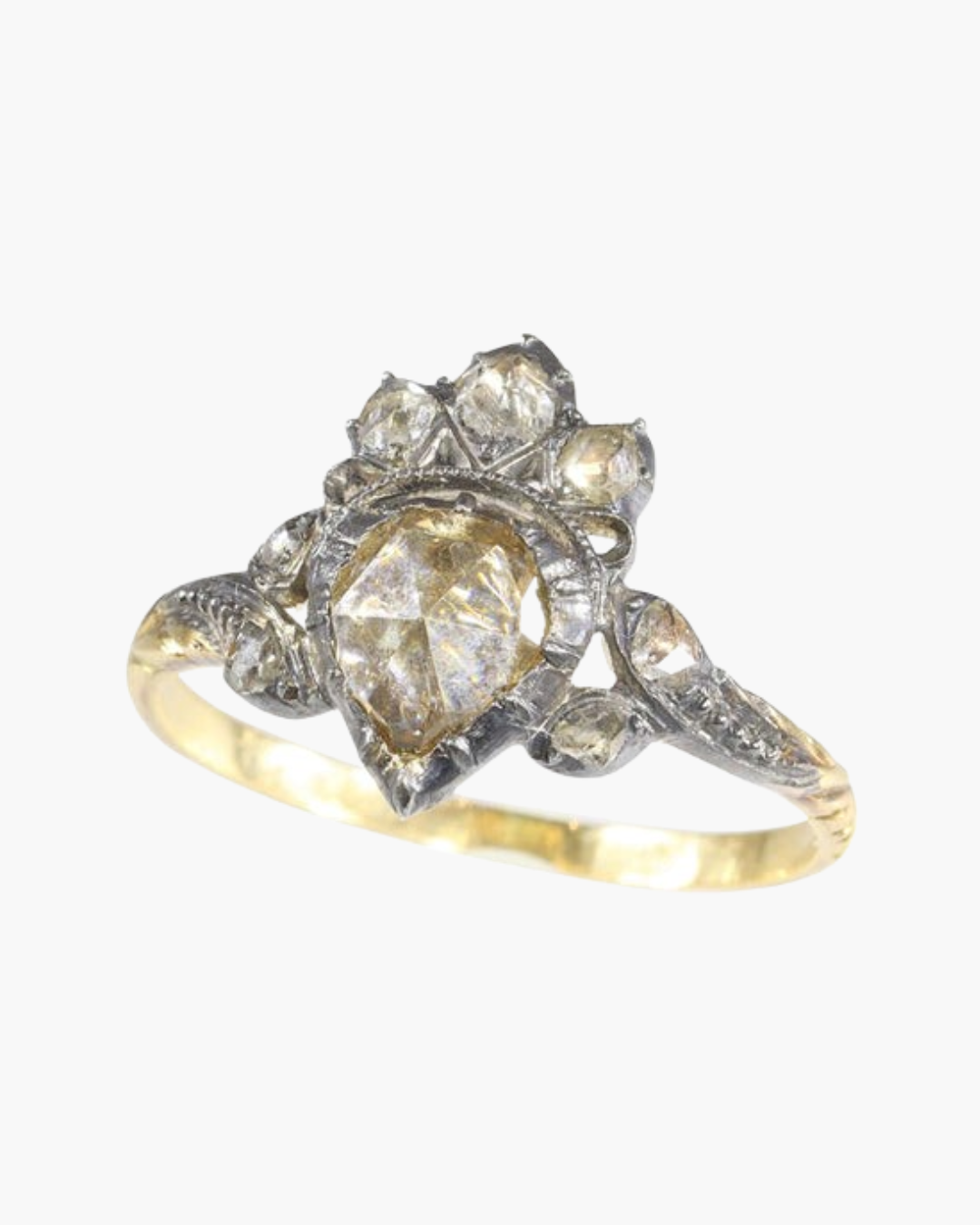 Bague Jonc Victorienne En Or 18k - Ornée De Diamants Taille Roses Sertis Clos, Circa 1880, Taille 59