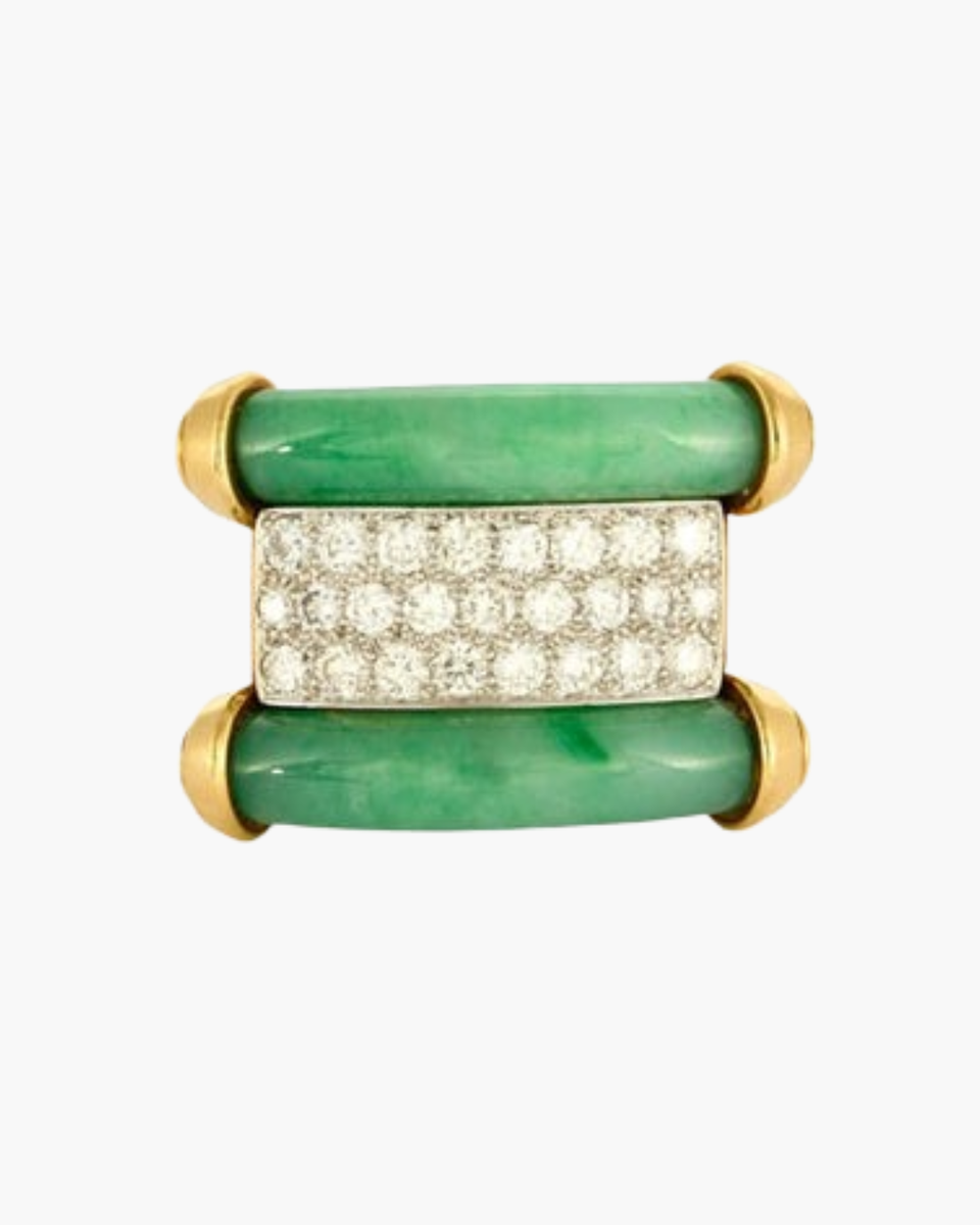 Bague Ancienne En Or 18 Carats Et Jade - Motif Feuillages, Taille 56, Vintage