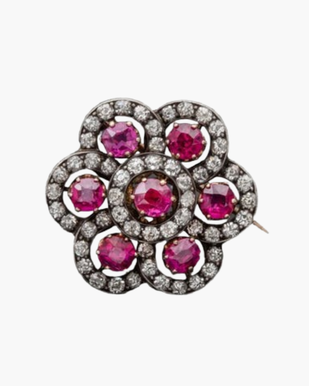 Broche Vintage Plaqué Or Avec Cristaux Rubis Et Perle Rose - Bijou Ancien - Parfait état