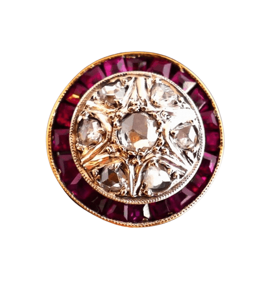 Art Deco Tie Pin Brooch, Calibrated Diamonds and Rubies 58 Facettes