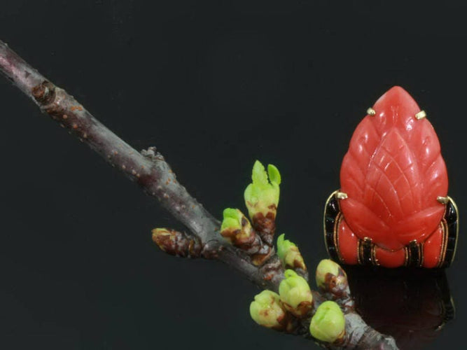 Broche Broche Art déco belge en or jaune 18 ct, corail et onyx 58 Facettes 10015-4334