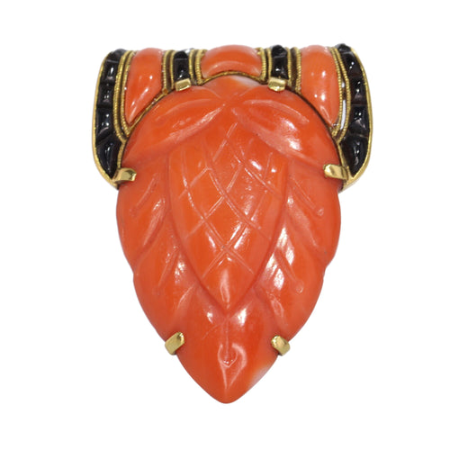 Broche Broche Art déco belge en or jaune 18 ct, corail et onyx 58 Facettes 10015-4334