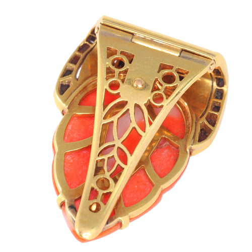 Broche Broche Art déco belge en or jaune 18 ct, corail et onyx 58 Facettes 10015-4334