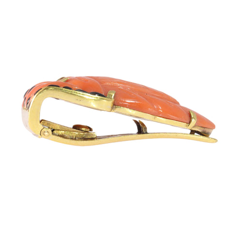 Broche Broche Art déco belge en or jaune 18 ct, corail et onyx 58 Facettes 10015-4334