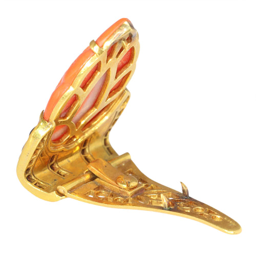 Broche Broche Art déco belge en or jaune 18 ct, corail et onyx 58 Facettes 10015-4334