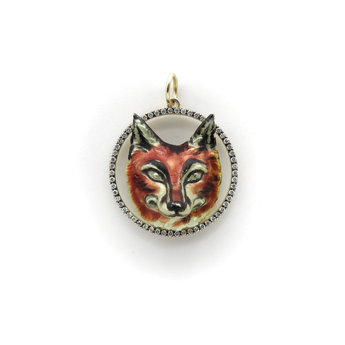 Pendentif Pendentif renard émaillé en or 14k avec halo de diamants 58 Facettes