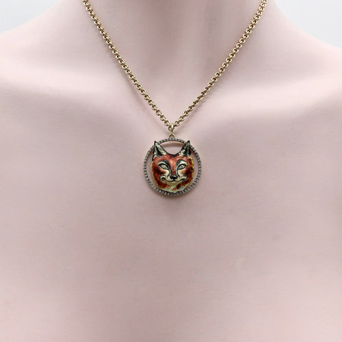 Pendentif Pendentif renard émaillé en or 14k avec halo de diamants 58 Facettes