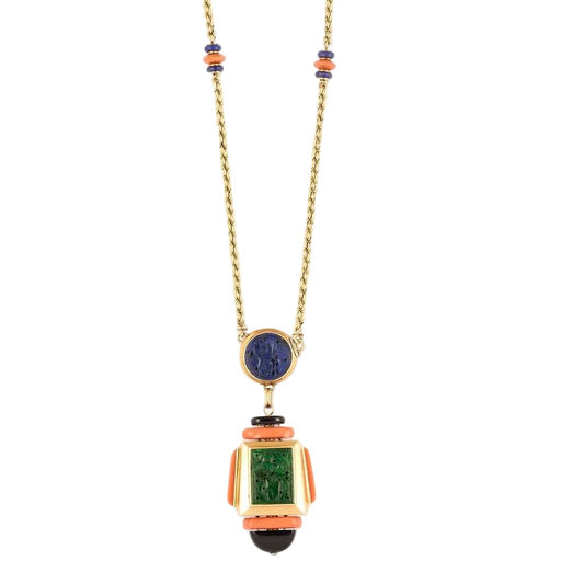 Collier Atelier Georges Lenfant - Collier en or jaune, lapis lazuli, jade, néphrite, corail et onyx 58 Facettes 58FC9