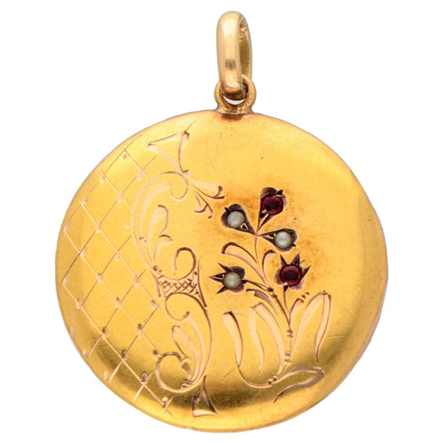 Pendentif Pendentif rond en or 14 k avec grenats et perles 58 Facettes BFC385526BB34B57A5D1C79A52B3ECBD