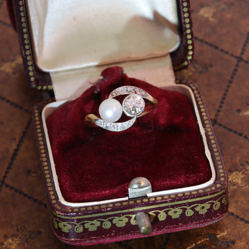 Bague 52 Bague toi et moi Belle Époque en or bicolore 14K, diamants et perle 58 Facettes 15104-0064