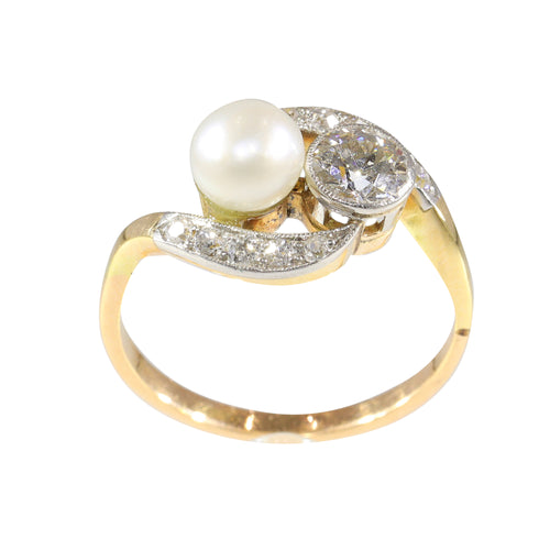 Bague 52 Bague toi et moi Belle Époque en or bicolore 14K, diamants et perle 58 Facettes 15104-0064
