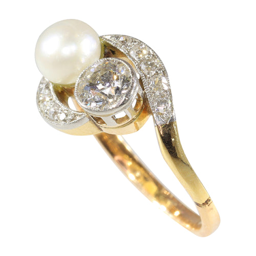 Bague 52 Bague toi et moi Belle Époque en or bicolore 14K, diamants et perle 58 Facettes 15104-0064