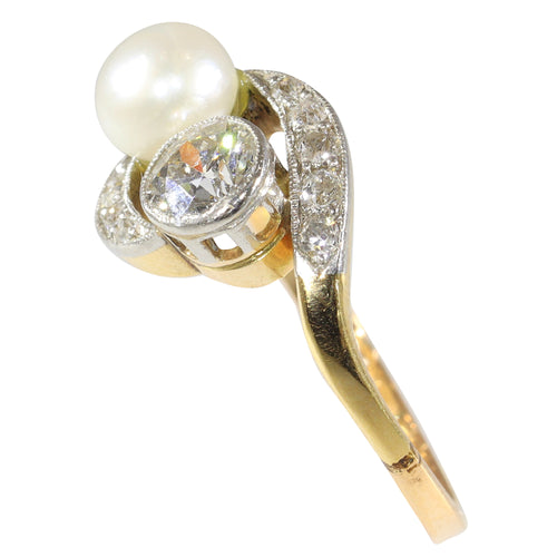Bague 52 Bague toi et moi Belle Époque en or bicolore 14K, diamants et perle 58 Facettes 15104-0064