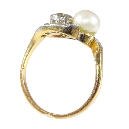 Bague 52 Bague toi et moi Belle Époque en or bicolore 14K, diamants et perle 58 Facettes 15104-0064
