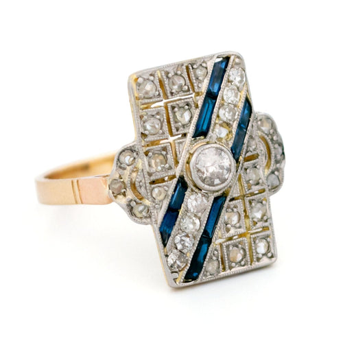 Bague 54 Bague Art déco rectangulaire en or 14 carats, diamants et saphirs Verneuil 58 Facettes 39757C88308E4D9A8A49537BA9C59308