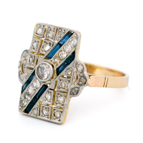 Bague 54 Bague Art déco rectangulaire en or 14 carats, diamants et saphirs Verneuil 58 Facettes 39757C88308E4D9A8A49537BA9C59308