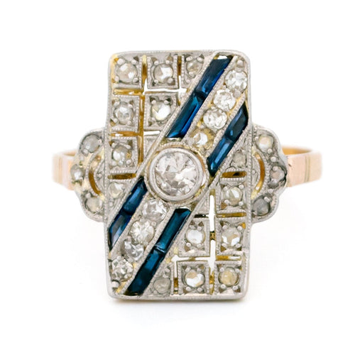 Bague 54 Bague Art déco rectangulaire en or 14 carats, diamants et saphirs Verneuil 58 Facettes 39757C88308E4D9A8A49537BA9C59308