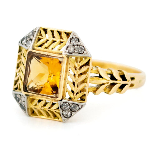 Bague 56 Bague en or jaune 18 carats avec citrine et diamants taille ancienne 58 Facettes CEDA8EA58E454F38BA09236B835669E4