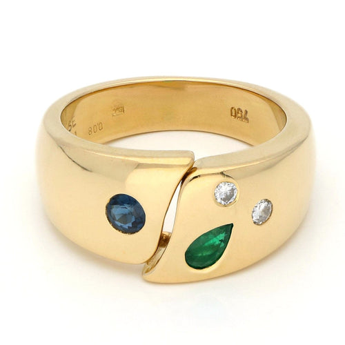 Bague 55 Bague gypsy en or jaune 18k avec diamants, saphir et émeraude 58 Facettes 3BB26FBE763F498AAF5F6762A0B029DA
