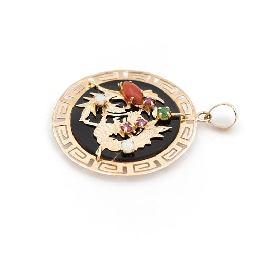 Pendentif Pendentif chinois en or jaune 18 carats avec rubis, opales et cornaline 58 Facettes 1718068CN