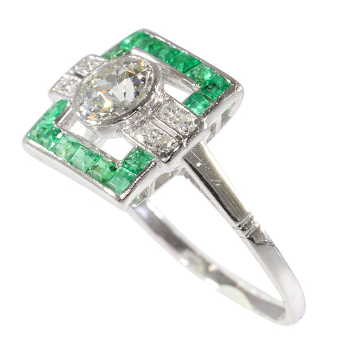 Bague 56 Bague de fiançailles Art déco en platine avec diamants et émeraudes 58 Facettes 17248-0031