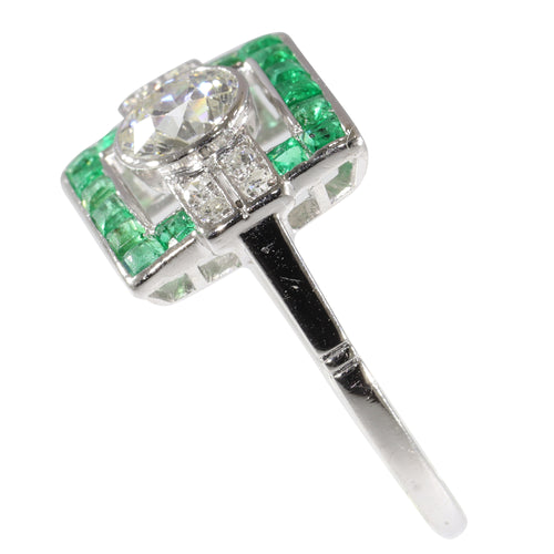 Bague 56 Bague de fiançailles Art déco en platine avec diamants et émeraudes 58 Facettes 17248-0031