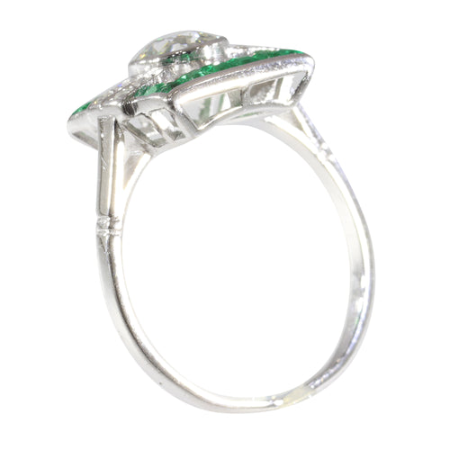 Bague 56 Bague de fiançailles Art déco en platine avec diamants et émeraudes 58 Facettes 17248-0031