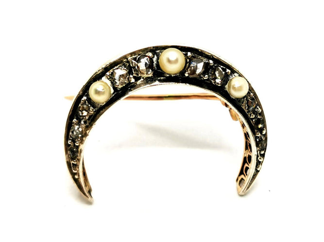 Broche Broche lune en or jaune 14 carats, argent, perles et diamants 58 Facettes 1791809CN