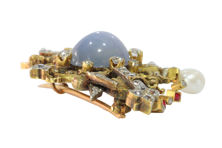 Broche Broche XIXe siècle en or jaune 18K, saphir étoilé, diamants 58 Facettes 18052-0023