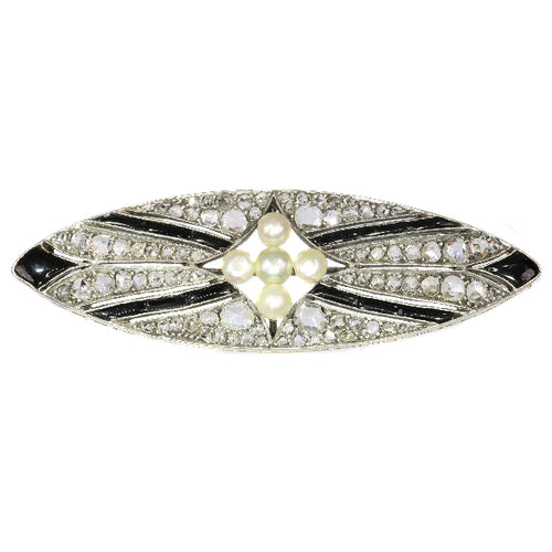 Broche Broche Art déco en argent sur or 18K, diamants, onyx et perles 58 Facettes 18309-0001