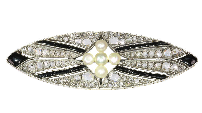 Broche Broche Art déco en argent sur or 18K, diamants, onyx et perles 58 Facettes 18309-0001
