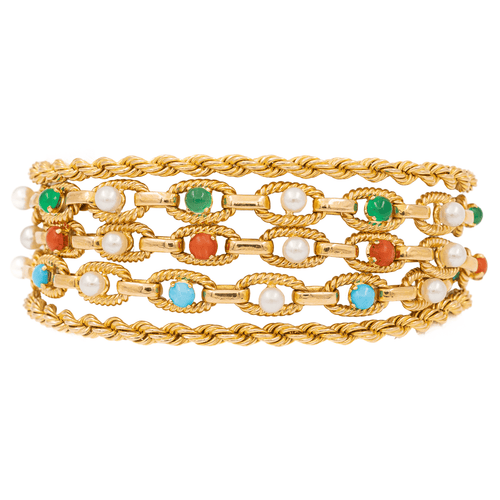 Bracelet Bracelet manchette en or jaune 18 carats cornaline, chrysoprase et turquoise 58 Facettes 1833431CN