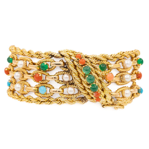 Bracelet Bracelet manchette en or jaune 18 carats cornaline, chrysoprase et turquoise 58 Facettes 1833431CN