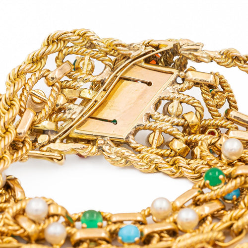 Bracelet Bracelet manchette en or jaune 18 carats cornaline, chrysoprase et turquoise 58 Facettes 1833431CN