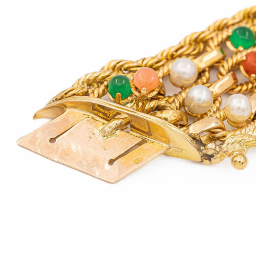 Bracelet Bracelet manchette en or jaune 18 carats cornaline, chrysoprase et turquoise 58 Facettes 1833431CN