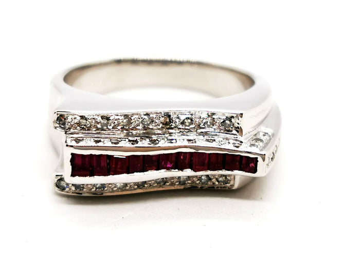 Bague 54 Bague tank en or blanc 18 carats avec rubis et diamants 58 Facettes 1888306CN