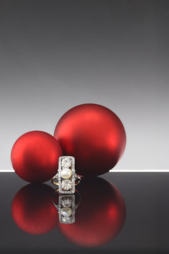 Bague 56 Belle Époque/Art déco - Bague de fiançailles en or jaune 18K, platine, diamants et perle 58 Facettes 19225-0098