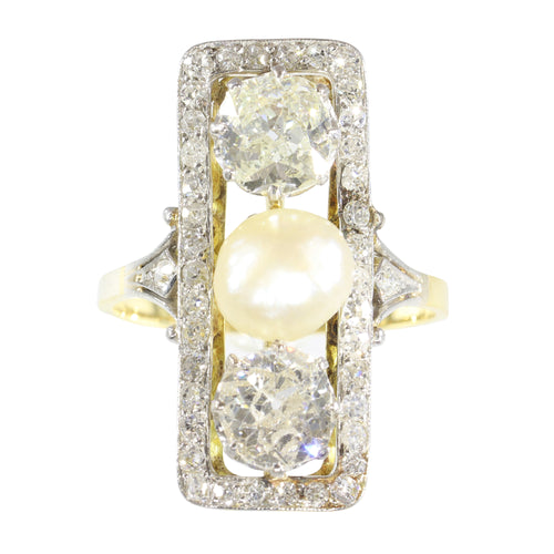 Bague 56 Belle Époque/Art déco - Bague de fiançailles en or jaune 18K, platine, diamants et perle 58 Facettes 19225-0098