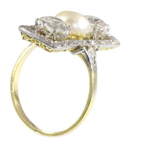 Bague 56 Belle Époque/Art déco - Bague de fiançailles en or jaune 18K, platine, diamants et perle 58 Facettes 19225-0098
