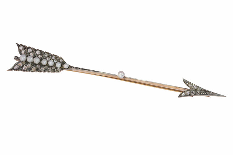 Broche Broche flèche victorienne en or rose 18 ct, argent, diamants et perles 58 Facettes 19231-0288
