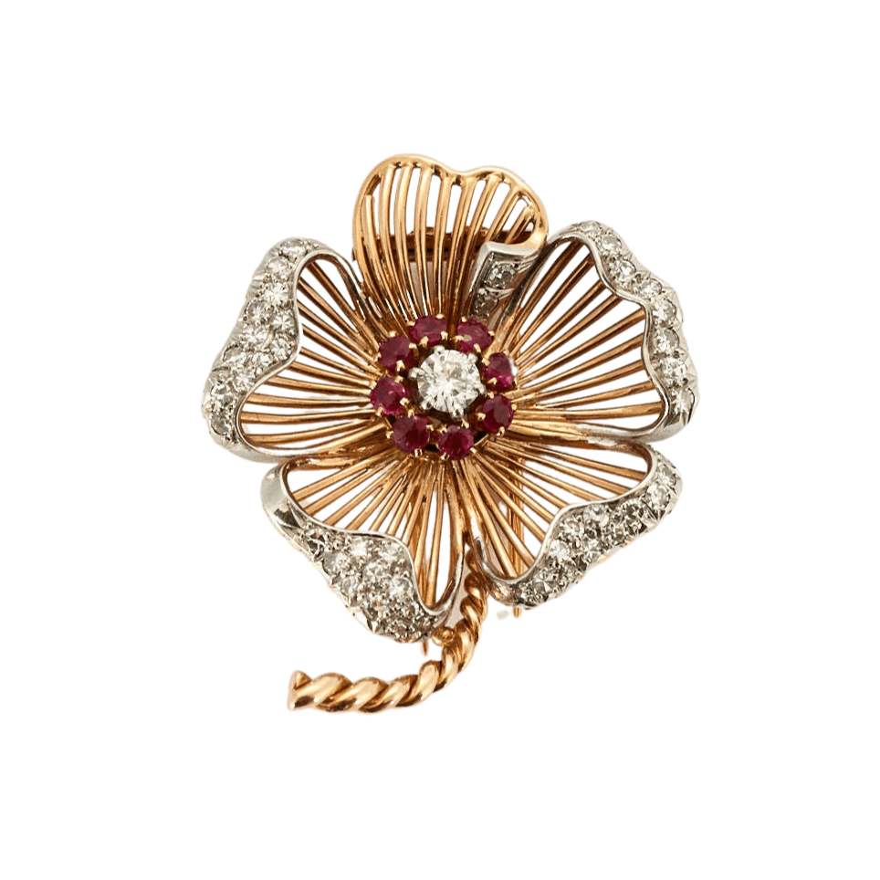 Broche Vintage Anémone En Or Jaune 18 Carats Avec Diamants, émeraudes Et Saphirs - Spritzer & Fuhrmann