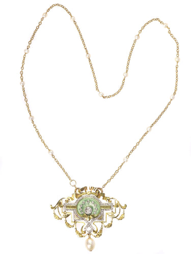 Collier Belle Époque - Collier et broche en or jaune 18K, platine, diamants et perles 58 Facettes 20198-0036