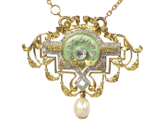 Collier Belle Époque - Collier et broche en or jaune 18K, platine, diamants et perles 58 Facettes 20198-0036