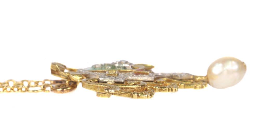 Collier Belle Époque - Collier et broche en or jaune 18K, platine, diamants et perles 58 Facettes 20198-0036