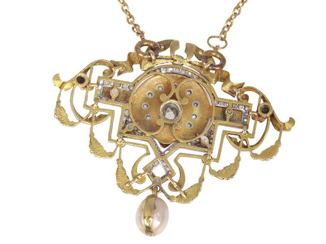 Collier Belle Époque - Collier et broche en or jaune 18K, platine, diamants et perles 58 Facettes 20198-0036