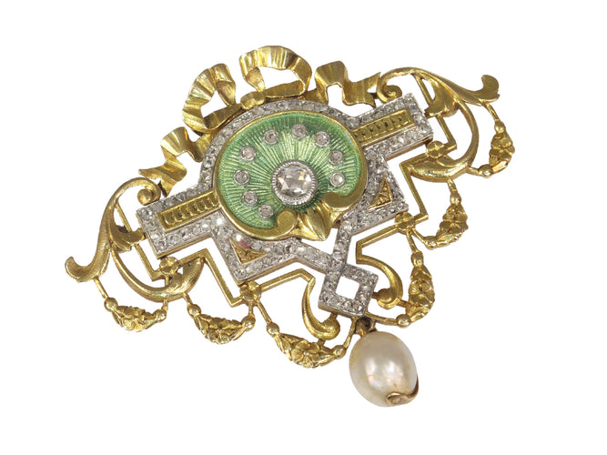 Collier Belle Époque - Collier et broche en or jaune 18K, platine, diamants et perles 58 Facettes 20198-0036