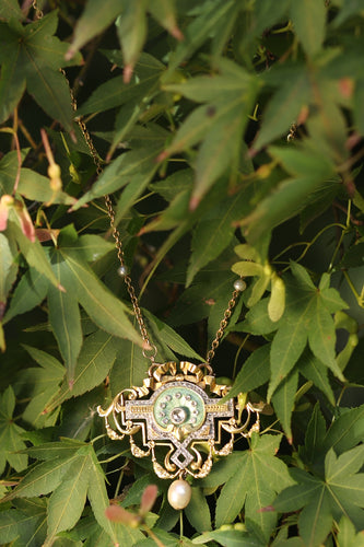 Collier Belle Époque - Collier et broche en or jaune 18K, platine, diamants et perles 58 Facettes 20198-0036